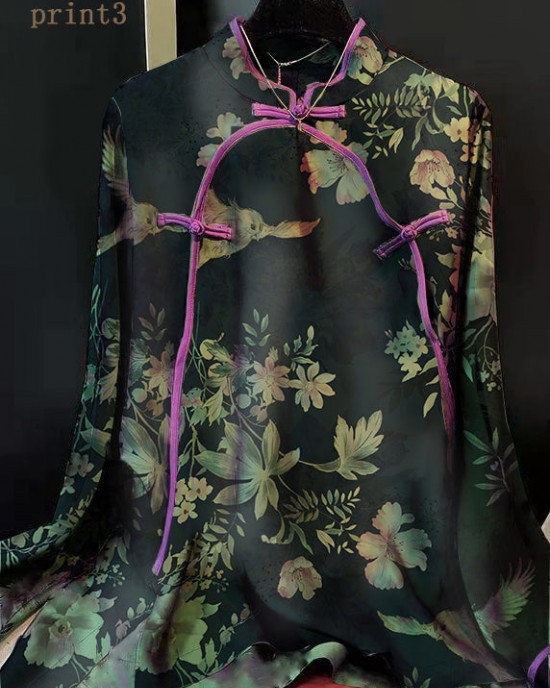 Elegant Green Stand Collar Patchwork Jacquard side open Silk Shirts Long Sleeved Elegant Green Stand Collar Patchwork Jacquard side open Silk Shirts Long Sleeved