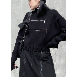 Chic Black zippered tasseled fashion Fall Sweater