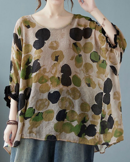 Plus Size Green O-Neck Dot Half Sleeve Shirts Plus Size Green O-Neck Dot Half Sleeve Shirts
