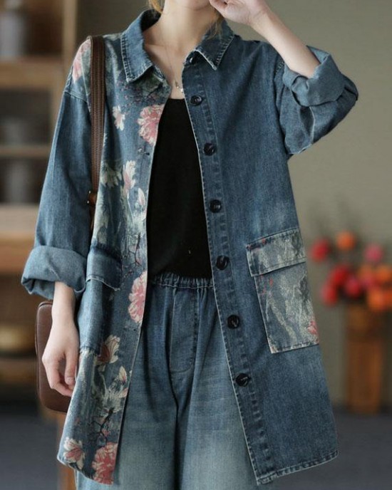 Classy Big Flower Print Patchwork Blouse Tops Denim Jacket Classy Big Flower Print Patchwork Blouse Tops Denim Jacket