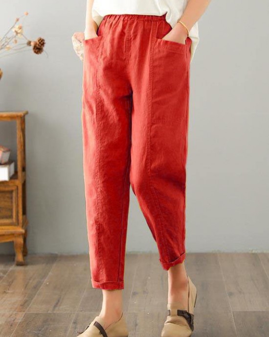 Natural Yellow Pockets Cotton Linen Pants Summer Natural Yellow Pockets Cotton Linen Pants Summer