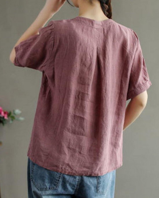 Loose Pink V Neck Embroideried Floral Summer Linen Shirt Loose Pink V Neck Embroideried Floral Summer Linen Shirt