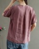 Loose Pink V Neck Embroideried Floral Summer Linen Shirt Loose Pink V Neck Embroideried Floral Summer Linen Shirt