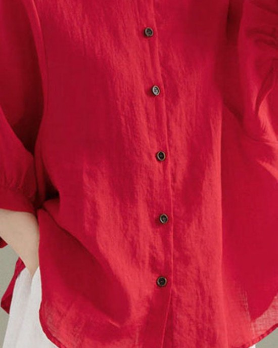 Art Red O-Neck Button Linen Loose Shirt Top Lantern Sleeve