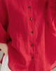 Art Red O-Neck Button Linen Loose Shirt Top Lantern Sleeve