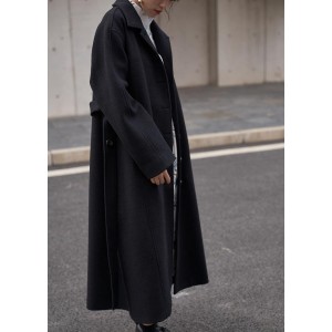 Fine oversize long coats  women black Notched tie waist Wool jackets
