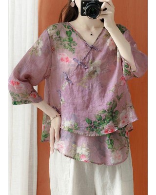 Beautiful Purple Asymmetrical Print cotton blend Blouses Half Sleeve