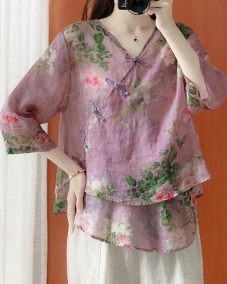 Beautiful Purple Asymmetrical Print cotton blend Blouses Half Sleeve