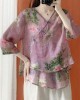 Beautiful Purple Asymmetrical Print cotton blend Blouses Half Sleeve