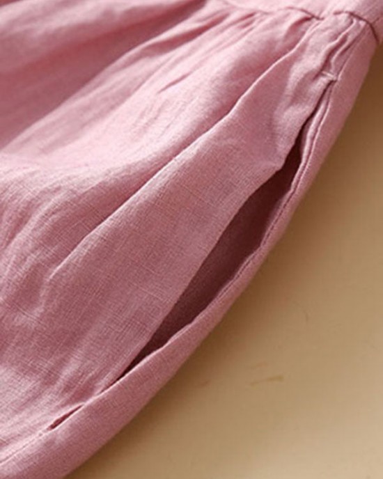 Unique Pink Peter Pan Collar Wrinkled Linen Holiday Dress Short Sleeve Unique Pink Peter Pan Collar Wrinkled Linen Holiday Dress Short Sleeve