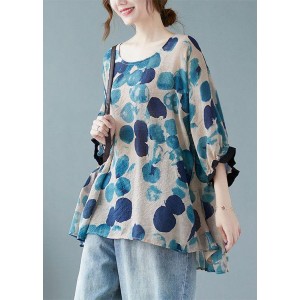 Loose Blue Dotted Batwing Sleeve Cotton Linen Tee