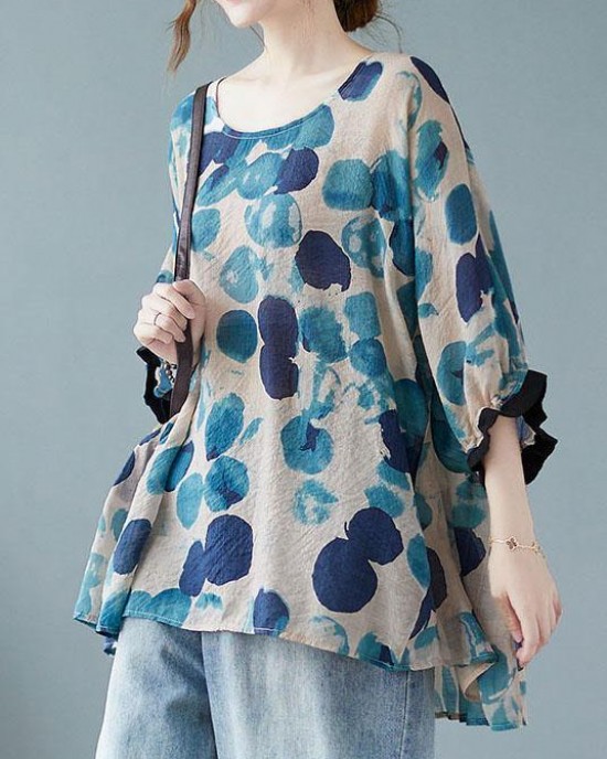Loose Blue Dotted Batwing Sleeve Cotton Linen Tee Loose Blue Dotted Batwing Sleeve Cotton Linen Tee