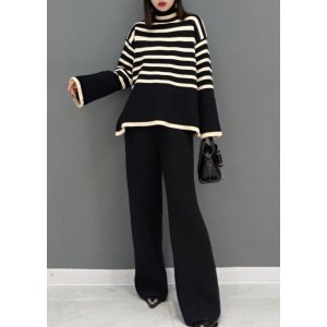 Beautiful Black Turtle Neck Striped Knit Two Piece Suit Set Spring
