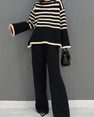 Beautiful Black Turtle Neck Striped Knit Two Piece Suit Set Spring