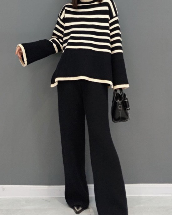Beautiful Black Turtle Neck Striped Knit Two Piece Suit Set Spring
