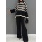 Beautiful Black Turtle Neck Striped Knit Two Piece Suit Set Spring