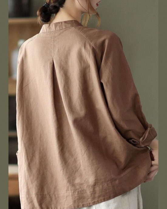 Handmade Khaki Retro O-Neck Button Fall Top Long Sleeve Handmade Khaki Retro O-Neck Button Fall Top Long Sleeve