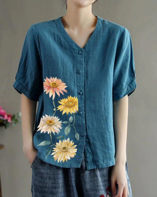 Loose Pink V Neck Embroideried Floral Summer Linen Shirt Loose Pink V Neck Embroideried Floral Summer Linen Shirt