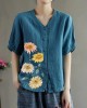 Loose Pink V Neck Embroideried Floral Summer Linen Shirt Loose Pink V Neck Embroideried Floral Summer Linen Shirt