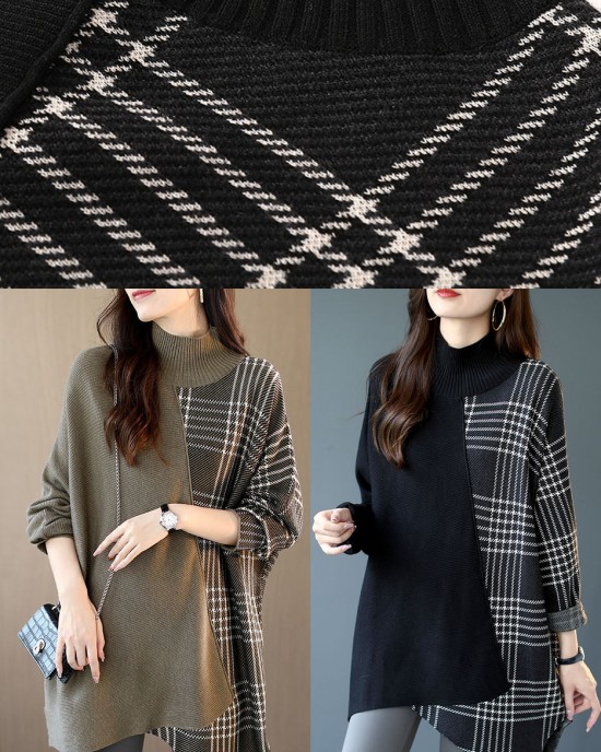 Italian Black asymmetrical design Patchwork Plaid Fall Knit sweaters Italian Black asymmetrical design Patchwork Plaid Fall Knit sweaters