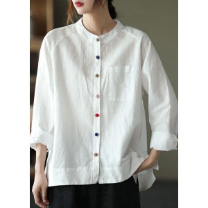 Modern White Loose Patchwork Pockets Fall Long Sleeve Blouse Top