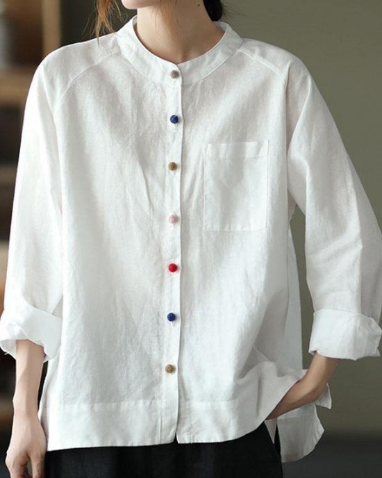 Modern White Loose Patchwork Pockets Fall Long Sleeve Blouse Top Modern White Loose Patchwork Pockets Fall Long Sleeve Blouse Top