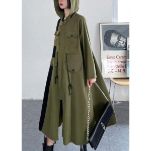 Chic Army Green Pockets Patchwork Button Zippered Fall Tie Waist Hooded Coat Long Sleeve