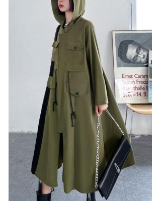 Chic Army Green Pockets Patchwork Button Zippered Fall Tie Waist Hooded Coat Long Sleeve