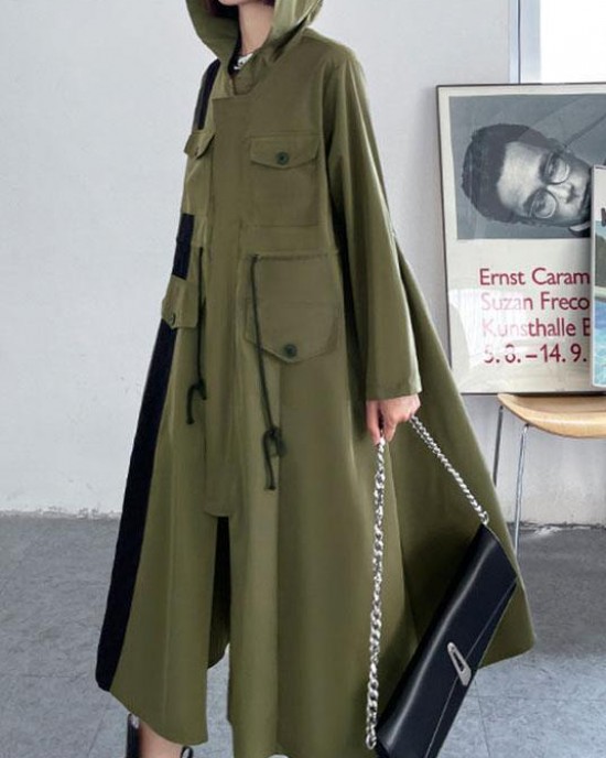 Chic Army Green Pockets Patchwork Button Zippered Fall Tie Waist Hooded Coat Long Sleeve Chic Army Green Pockets Patchwork Button Zippered Fall Tie Waist Hooded Coat Long Sleeve