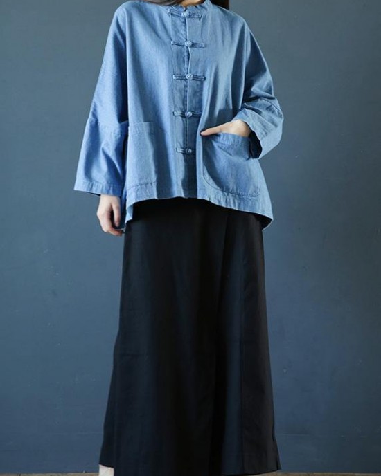 Loose stand collar Chinese Button clothes For Women Sleeve denim light blue shirts Loose stand collar Chinese Button clothes For Women Sleeve denim light blue shirts