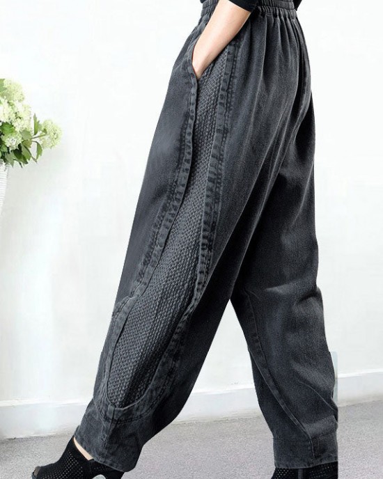Plus Size Grey Pockets Patchwork Harem Fall Denim Pants