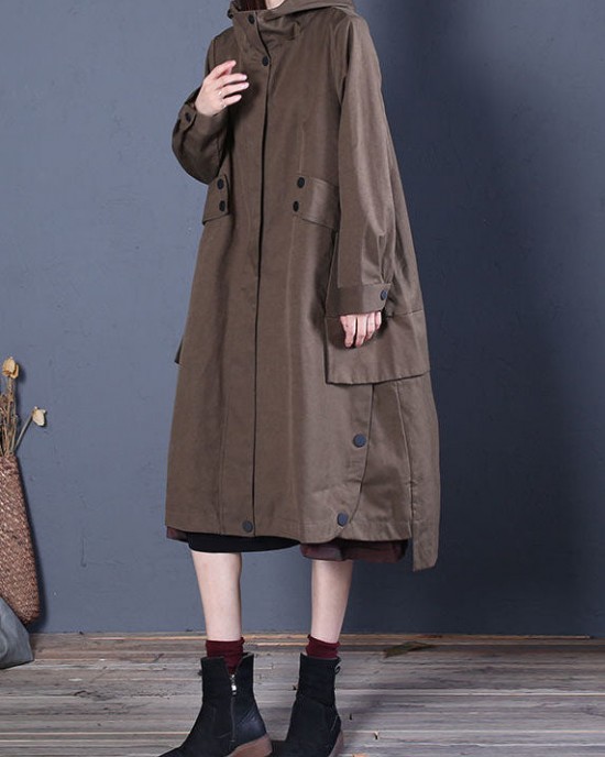 Chic Coffee Loose zippered Button Fall Hoodie Coat trench coats