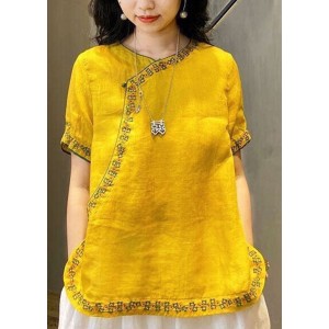 Chinese Style Yellow O-Neck Embroideried Linen Tops Short Sleeve