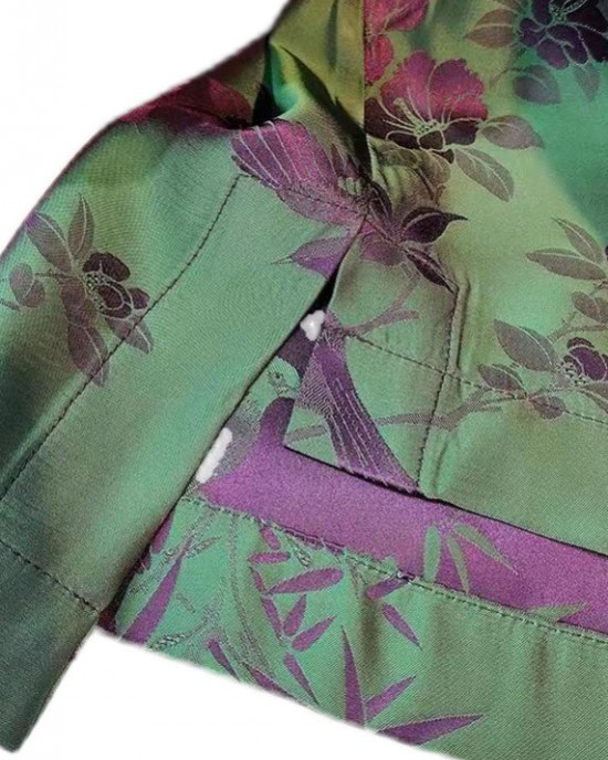 Elegant Green Stand Collar Patchwork Jacquard side open Silk Shirts Long Sleeved Elegant Green Stand Collar Patchwork Jacquard side open Silk Shirts Long Sleeved