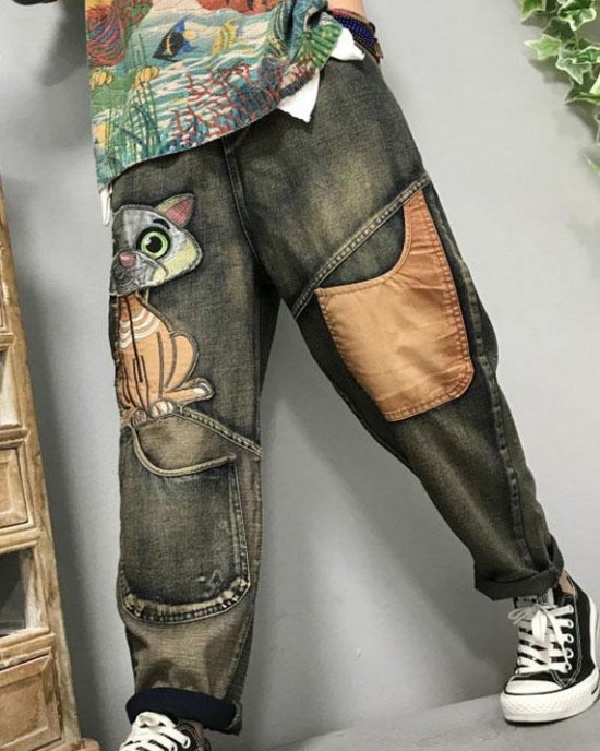 Women Cat Embroidery Patchwork Mid Waist Loose Denim Harem Jeans Women Cat Embroidery Patchwork Mid Waist Loose Denim Harem Jeans