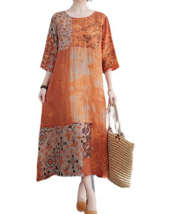 Modern Color Block Loose O-Neck Print Summer Side Open Dress Half Sleeve Modern Color Block Loose O-Neck Print Summer Side Open Dress Half Sleeve