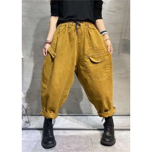 Fashion Yellow Casual Elastic Waist Pockets Tie Waist Fall Pants