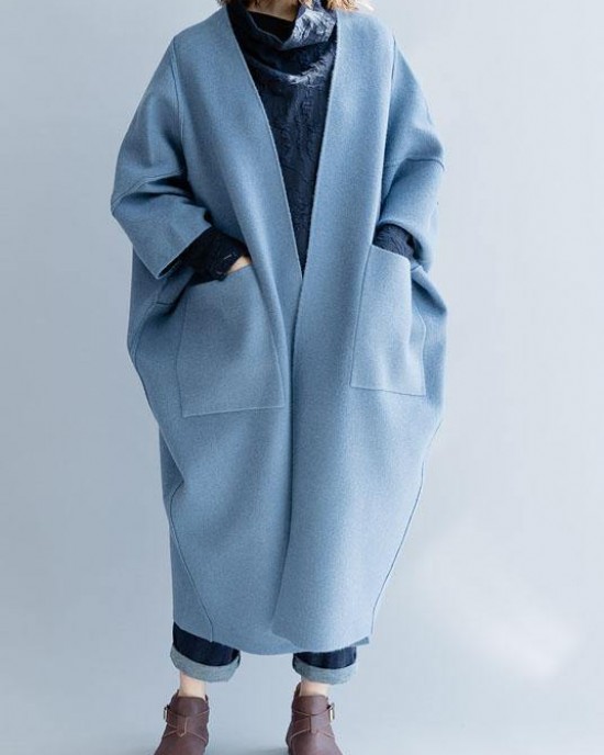 women blue wool overcoat Loose fitting long winter coat fall jackets Batwing Sleeve women blue wool overcoat Loose fitting long winter coat fall jackets Batwing Sleeve