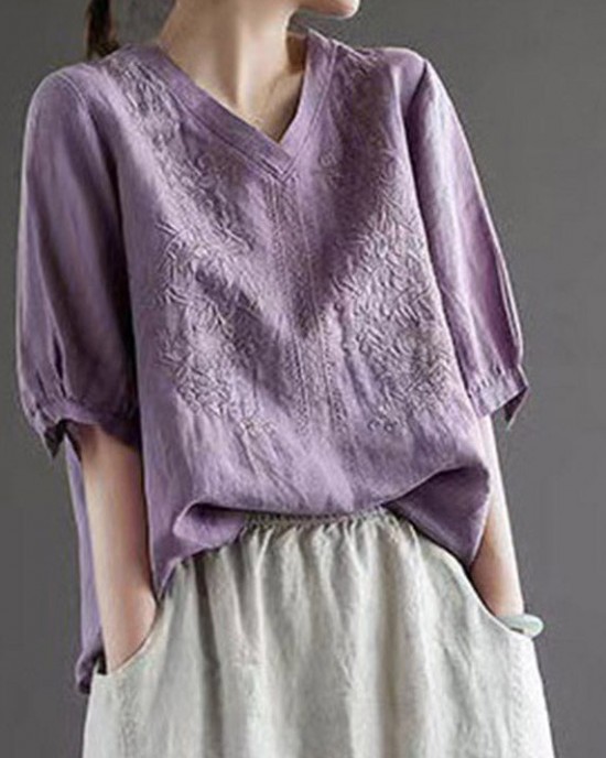 Purple V Neck Floral Embroideried T Shirt Half Sleeve Purple V Neck Floral Embroideried T Shirt Half Sleeve