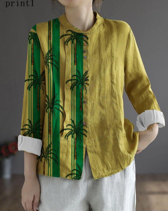 Women Yellow Elegant Button Fall Top Long Sleeve Linen Women Yellow Elegant Button Fall Top Long Sleeve Linen