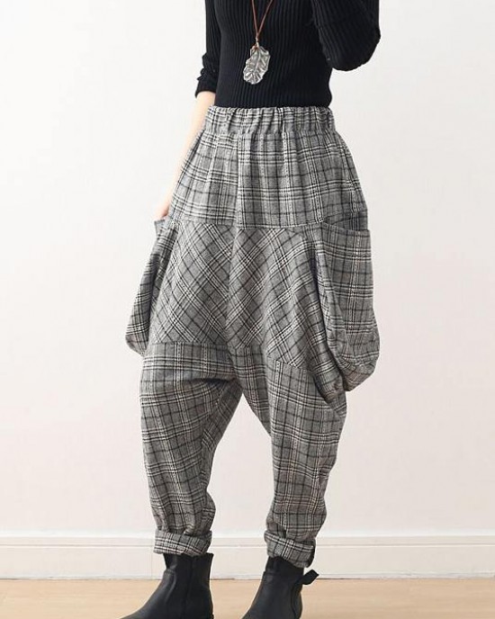Original design retro gray thick loose large size warm knitted plaid Harlan bloomers Original design retro gray thick loose large size warm knitted plaid Harlan bloomers