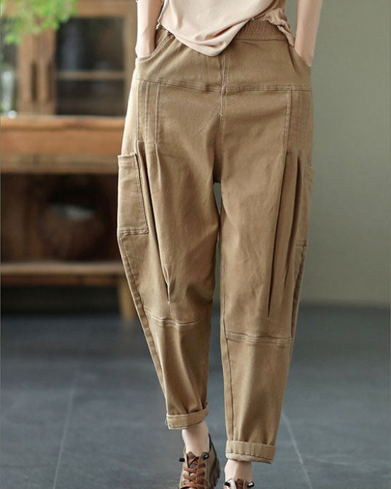 Organic Khaki Loose Pockets Harem Fall Pants Organic Khaki Loose Pockets Harem Fall Pants