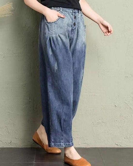 Classy Blue Pockets Loose Harem Fall Denim Pants Classy Blue Pockets Loose Harem Fall Denim Pants