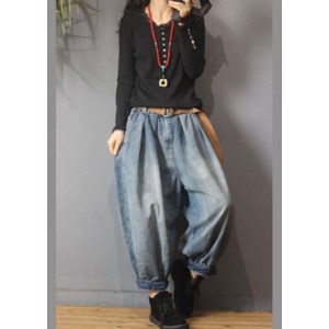 Loose Blue Retro Pockets Button lantern Fall Denim Pants