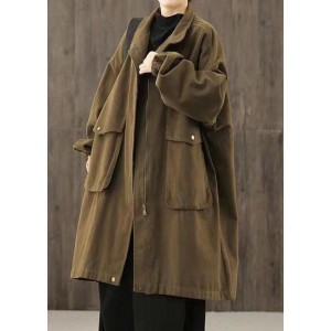 Handmade Chocolate Casual zippered Pockets Patchwork Fall trench coats