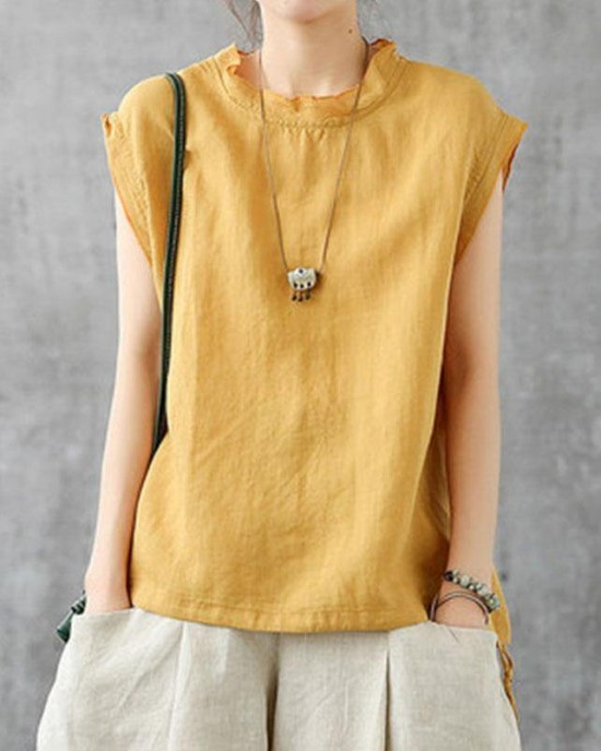 Stylish Green O-Neck Sleeveless Linen Summer Tops Stylish Green O-Neck Sleeveless Linen Summer Tops