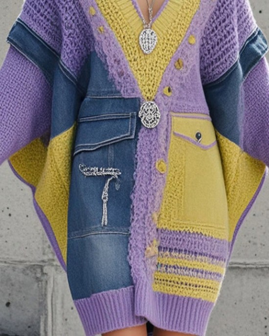 Elegant Purple Asymmetrical Patchwork Denim Long Sweater Batwing Sleeve Elegant Purple Asymmetrical Patchwork Denim Long Sweater Batwing Sleeve