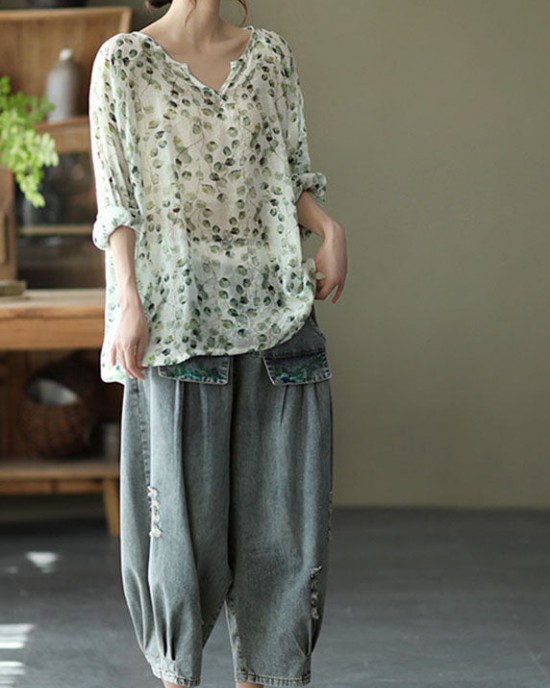 Stylish Green V Neck Print Fall Tops Long sleeve Stylish Green V Neck Print Fall Tops Long sleeve