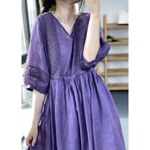 Diy Purple V Neck Cinched Lace Patchwork Exra Large Hem Cotton Dresses Lantern Sleeve
