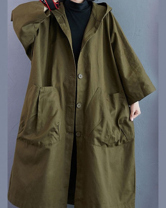 Elegant Army Green Pockets Button Fall Hooded Long sleeve Trench Coats Elegant Army Green Pockets Button Fall Hooded Long sleeve Trench Coats